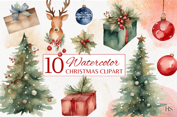 10 Watercolor Christmas Clipart Set for Modern Illustrations