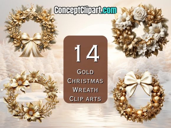 14 Gold Christmas Wreaths Clipart Bundle for Seasonal Illustrations