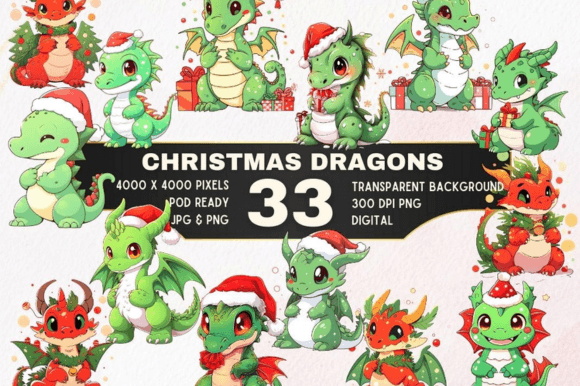 33 Festive Christmas Dragon Clipart Set for Illustrations