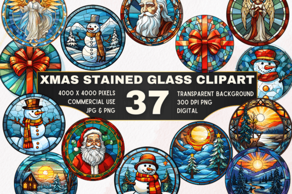 37 Christmas Stained Glass Clipart Set for Illustrations