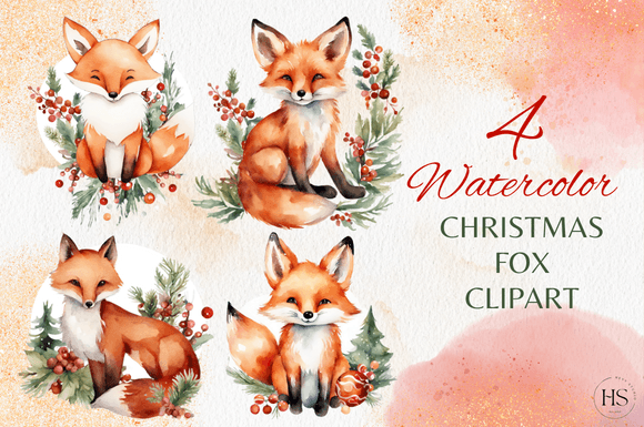 4 Watercolor Christmas Fox Clipart Set for Illustrations