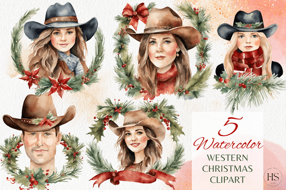 5 Western Christmas Watercolor Clipart for Illustrations