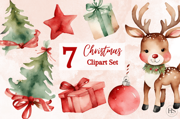 7 Watercolor Christmas Reindeer Clipart