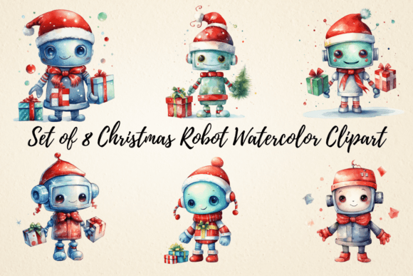 Christmas Robot Watercolor Clipart for Modern Illustrations
