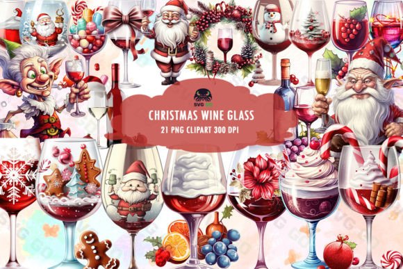 Christmas Wine Glass Sublimation Clipart for Illustrations
