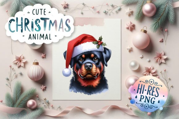 Cute Christmas Rottweiler Watercolor Illustrations