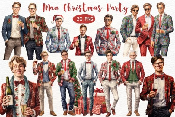Man Christmas Party Watercolor Clipart for Modern Illustrations