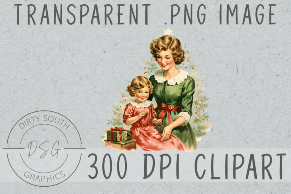 Retro Vintage Christmas Mom Child Illustrations