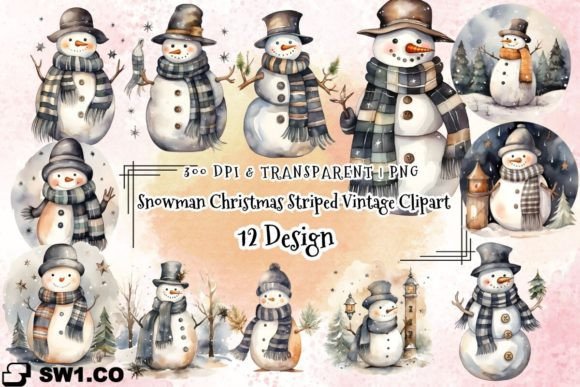 Snowman Christmas Striped Vintage PNG for Bloggers & Illustrations