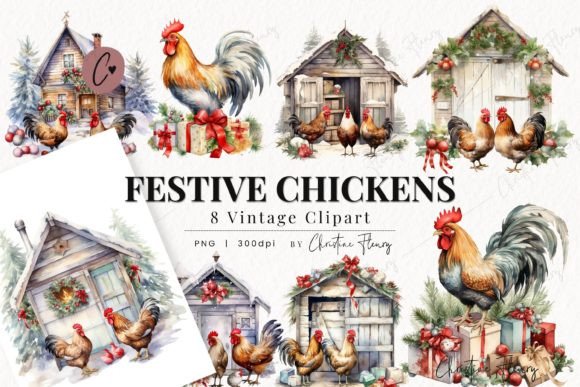Vintage Festive Chickens Clipart for Seasonal Illustrations