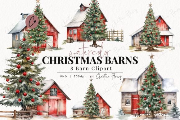 Watercolor Christmas Barn Clipart for Modern Illustrations