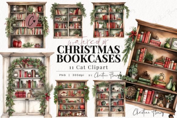 Watercolor Christmas Bookcase Clipart Review