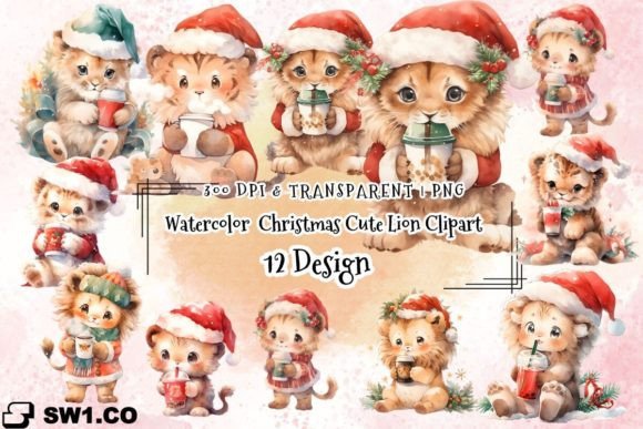 Watercolor Christmas Cute Lion Clipart for Modern Illustrations