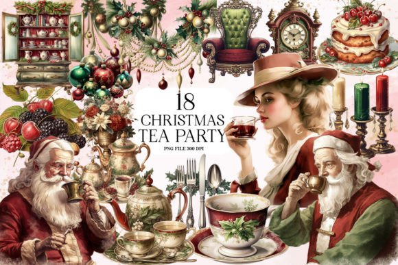 Watercolor Christmas Tea Party Clipart for Illustrations