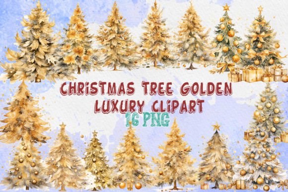Watercolor Golden Christmas Tree Clipart for Modern Illustrations