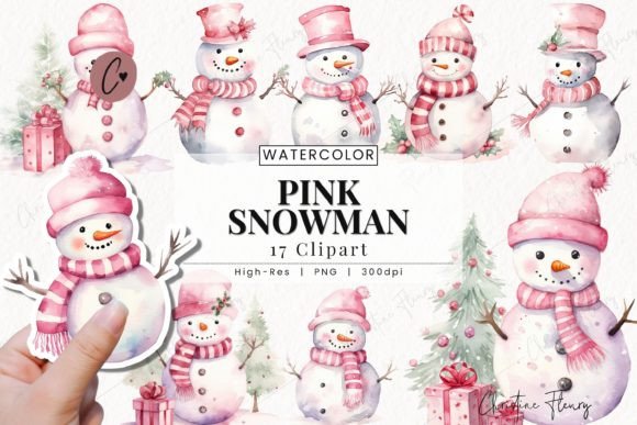 Watercolor Pink Snowman Clipart for Illustrations